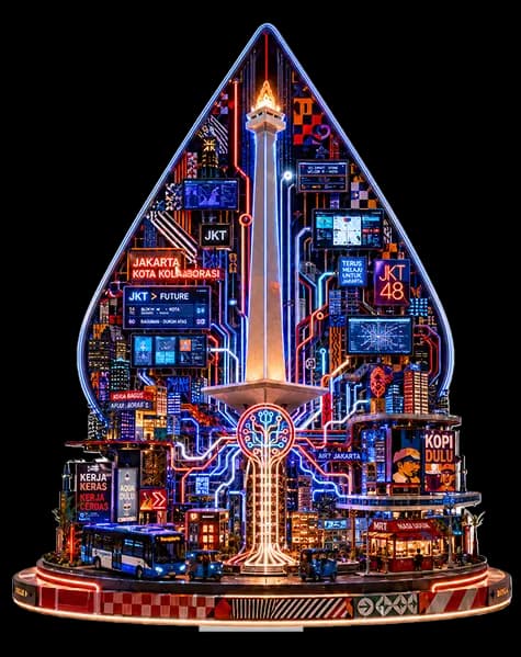 Floothink — technology diorama of Monas as a circuit city